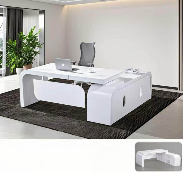 Dynamics Modren White L-shape Office Furniture Piano Wooden Computer Table Executive Manager CEO